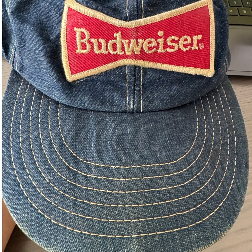 Budweiser Hat Mens OS Blue Denim Vintage Snapback Made in USA Bowtie Logo - Picture 3 of 6